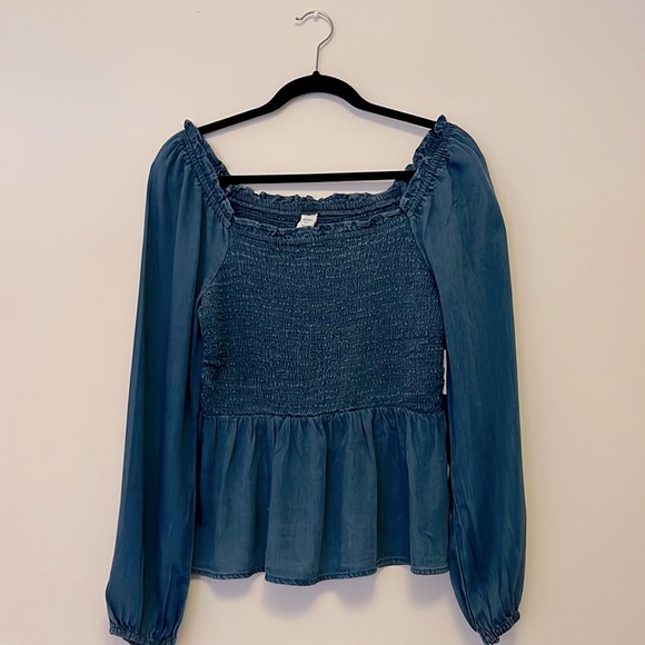 Old Navy Blue Denim Square Line Smock Peplum Top - Picture 1 of 4